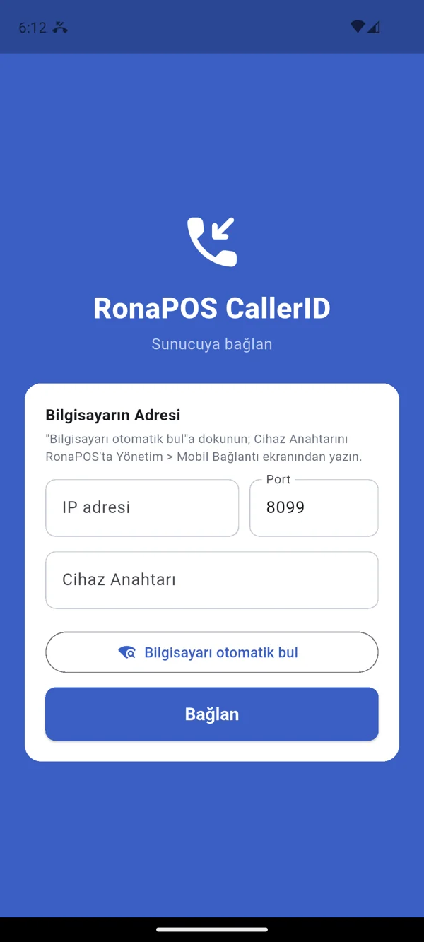 RonaPOS CallerID bağlantı ekranı