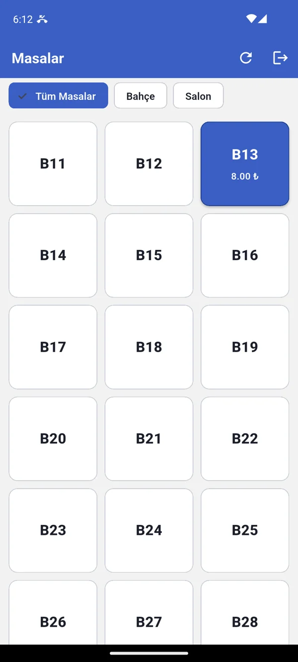 RonaPOS Garson Android uygulaması masa listesi