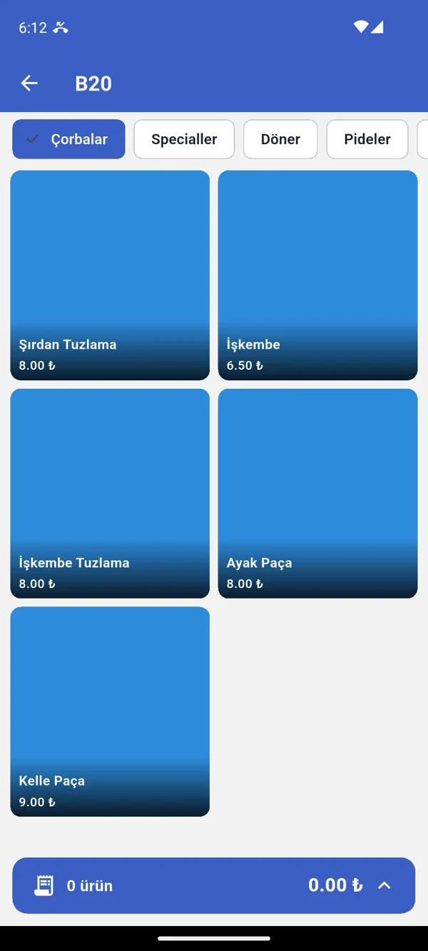 RonaPOS mobil garson sipariş uygulaması ekranı